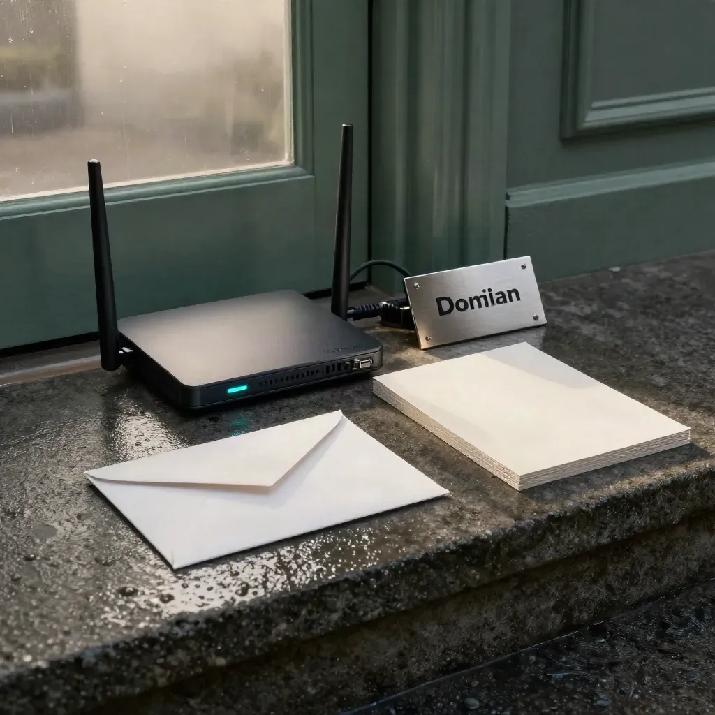 Rain-dark threshold with router, cable, plaque, envelope and mockup cards in dawn mist