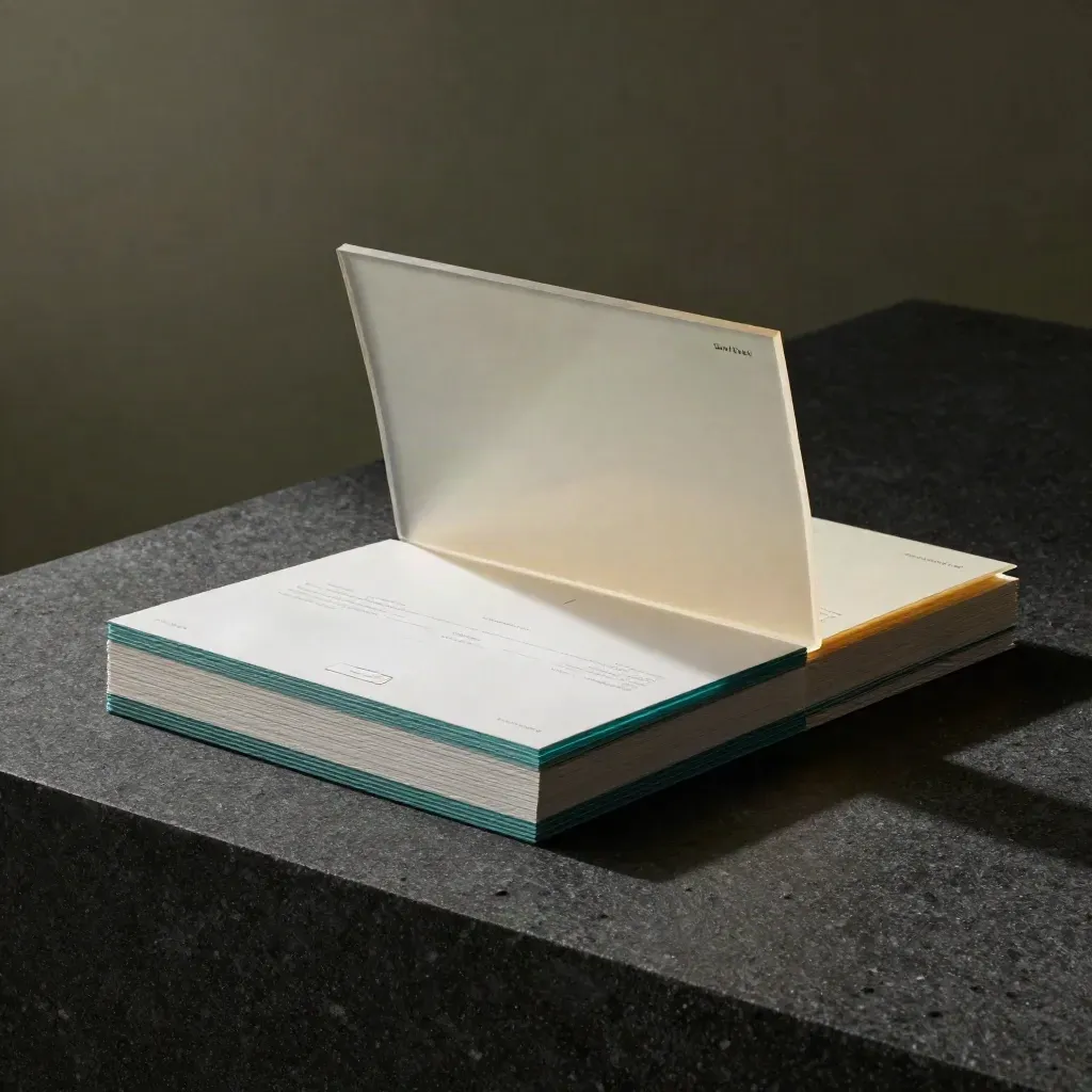 Layered acrylic and paper landing-page mockup on a dark stone slab in dramatic light