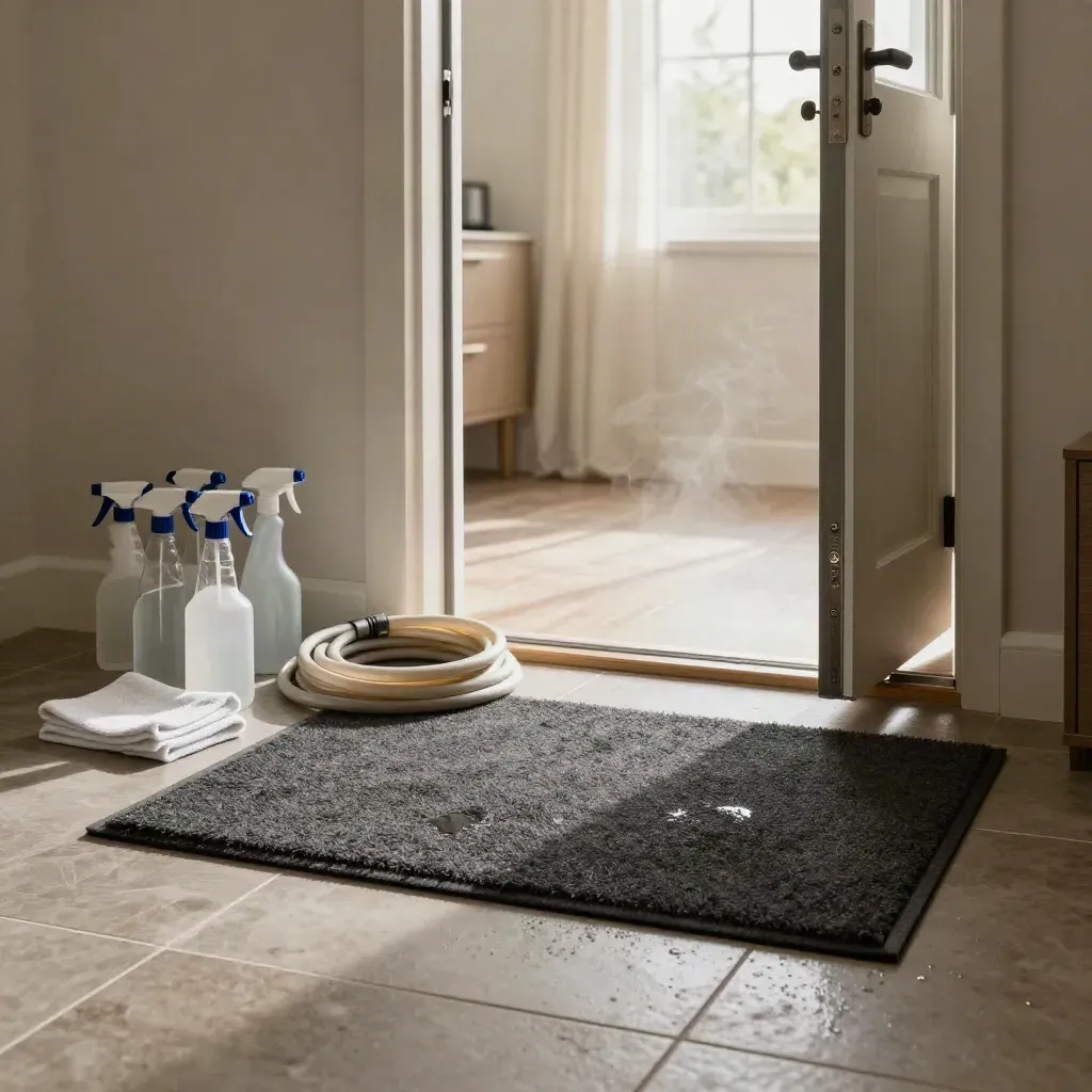 Fresh cleaning kit by an open door, with hose, spray bottles, and morning light on tile.