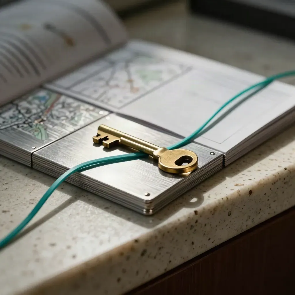 Macro still life of site-map tiles, brass key, storyboard card and teal cable tie on travertine.