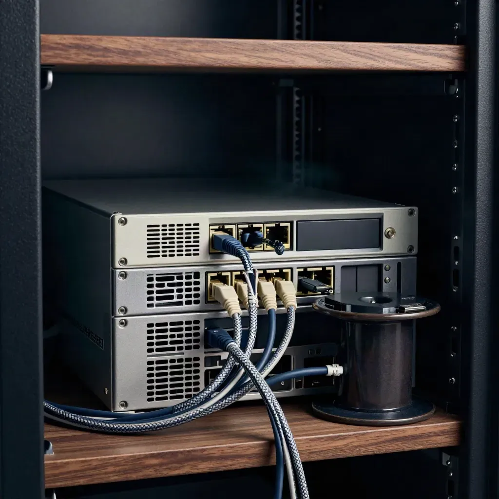 Server nook still life with network hub, braided ethernet lead, adapter, and cable spool in dramatic light.