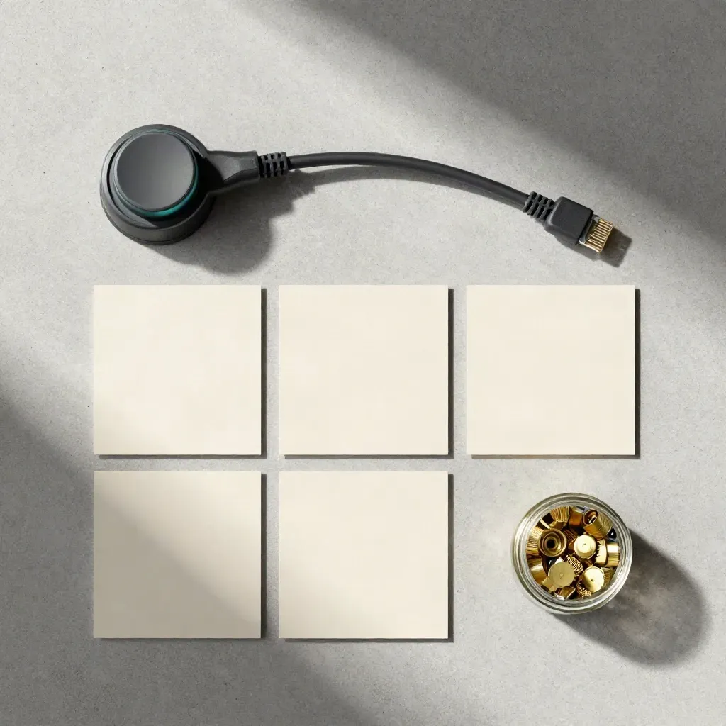 Overhead flatlay of router, Ethernet lead, cream cards and brass fittings on concrete with teal accent